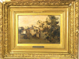 Vente aux enchères 	G.PELOUZE « La ferme » Huile sur panneau.  Signée en bas à gauche.  2