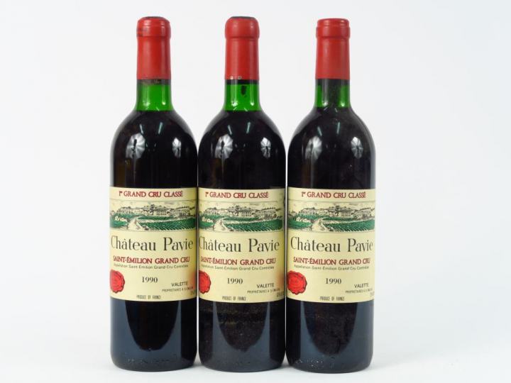 3 BOUTEILLES CHÂTEAU PAVIE 1er GCC ST EMILION - 1990 - 1 BG/ 2 LB/1 ET