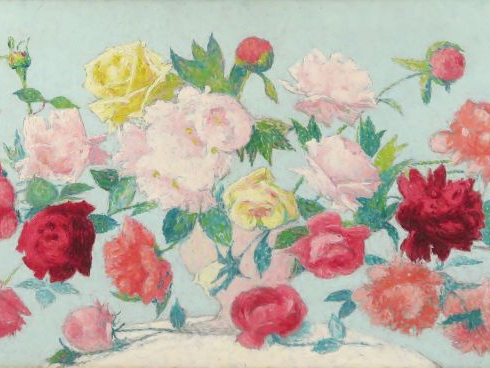 LAUGÉ Achille, 1861-1944	 "Grand bouquet de roses sur un entablement",