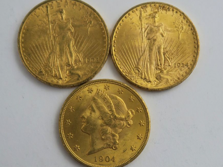 3 pièces de 20 dollars or 1904, 1908, 1924. Frais acheteur 20 % TTC