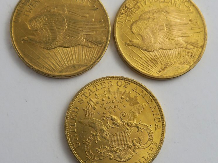 3 pièces de 20 dollars or 1904, 1908, 1924. Frais acheteur 20 % TTC
