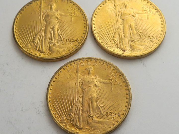 3 pièces de 20 dollars or 1924. Frais acheteur 20 % TTC
