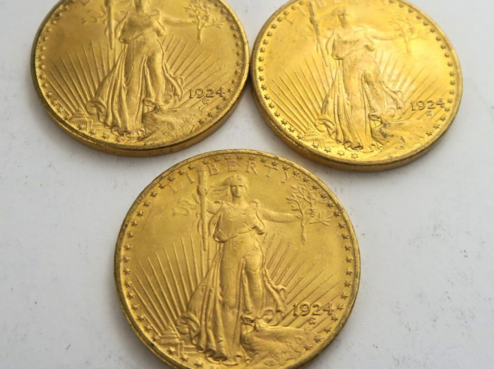 3 pièces de 20 dollars or 1924. Frais acheteur 20 % TTC