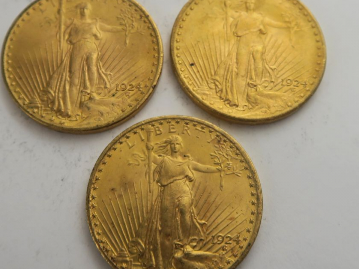 3 pièces de 20 dollars or 1924. Frais acheteur 20 % TTC