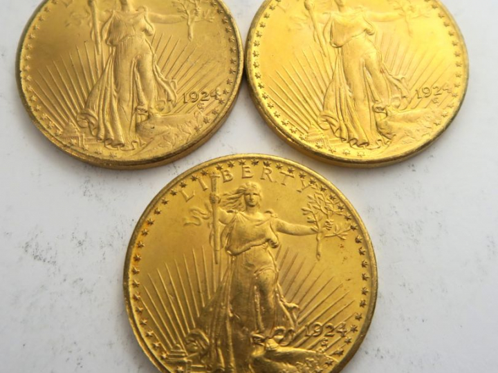 3 pièces de 20 dollars or 1924. Frais acheteur 20 % TTC