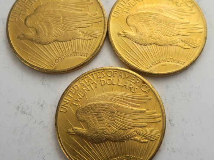 3 pièces de 20 dollars or 1924. Frais acheteur 20 % TTC