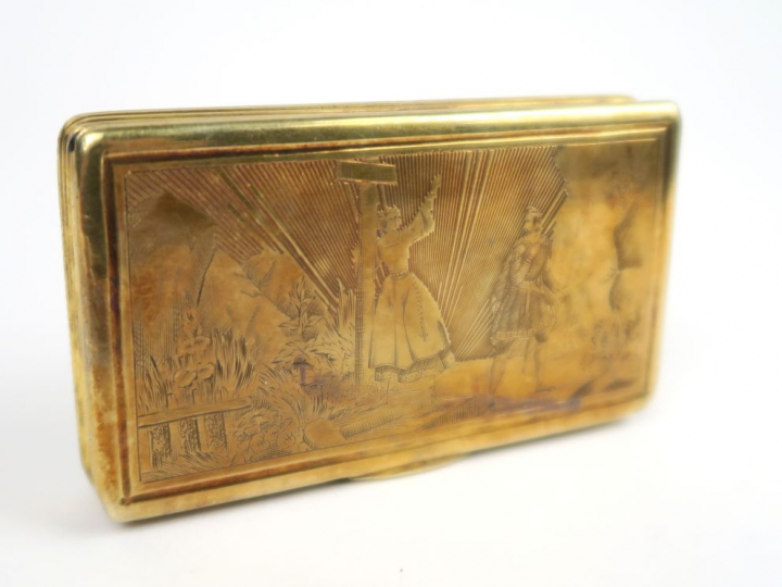 Boite en vermeil, poinçon Minerve, couvercle gravé à décor d'un paysag