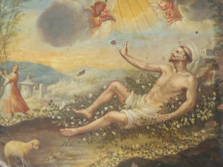 Ecole française XVIIème "Saint aux stigmates" Huile sur cuivre.  23,5 