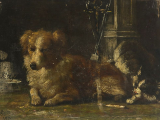 Vente aux enchères Ecole française XIXème "Le sommeil du juste" Huile sur panneau. Signée