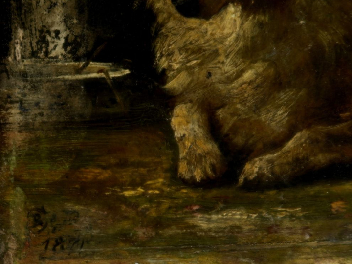 Ecole française XIXème "Le sommeil du juste" Huile sur panneau. Signée