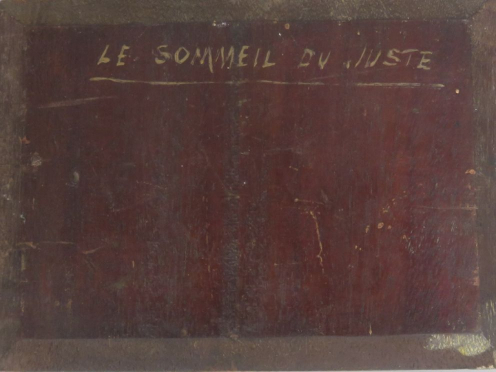 Ecole française XIXème "Le sommeil du juste" Huile sur panneau. Signée