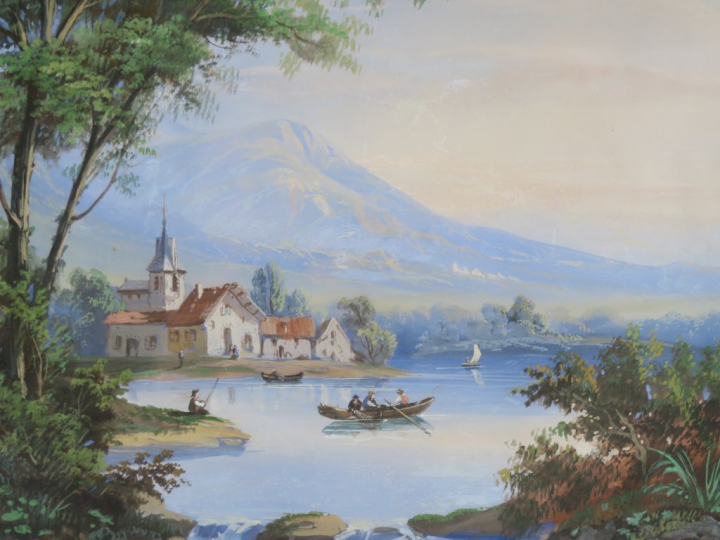 Ecole française XIXème "Paysages lacustres animés en montagne" Paire d