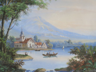 Vente aux enchères Ecole française XIXème "Paysages lacustres animés en montagne" Paire d