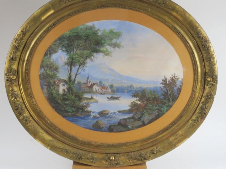 Ecole française XIXème "Paysages lacustres animés en montagne" Paire d