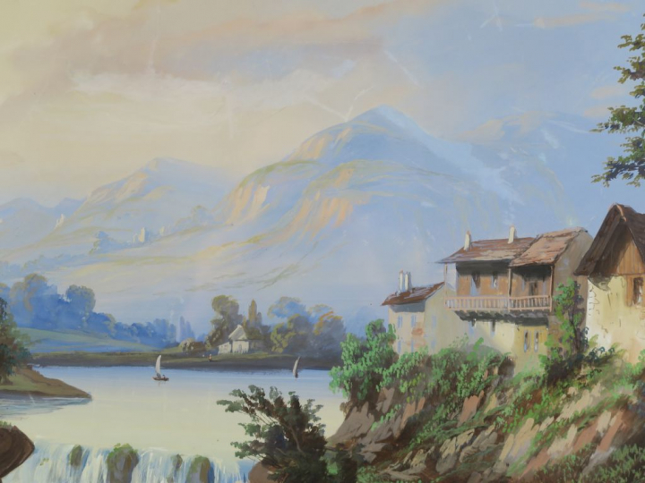 Ecole française XIXème "Paysages lacustres animés en montagne" Paire d