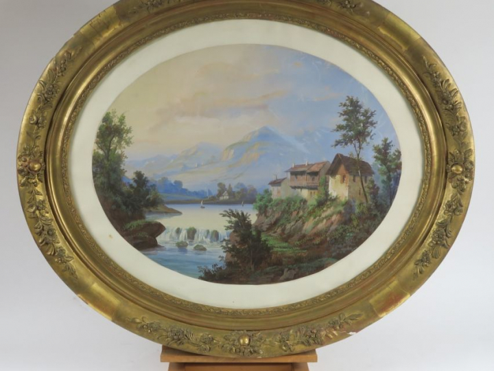 Ecole française XIXème "Paysages lacustres animés en montagne" Paire d