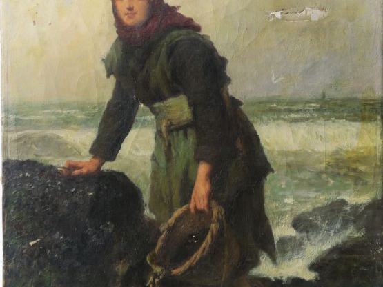 A. LAROCHE "La pêche aux moules" Huile sur toile.  Signée en bas à dro