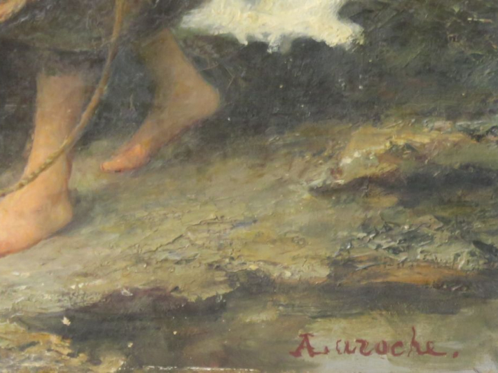 A. LAROCHE "La pêche aux moules" Huile sur toile.  Signée en bas à dro