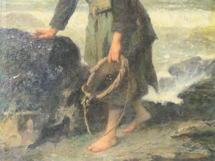 A. LAROCHE "La pêche aux moules" Huile sur toile.  Signée en bas à dro