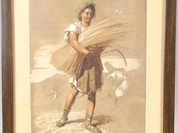 Hippolyte LAZERGES "Oriental à la gerbe de blé" Dessin aquarellé et re