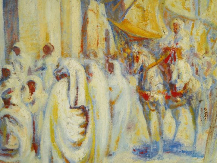 G. MAURY "Souk en Afrique du Nord" Huile sur toile.  Signée en bas à d