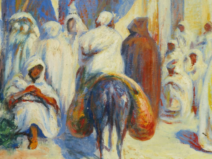 G. MAURY "Souk en Afrique du Nord" Huile sur toile.  Signée en bas à d