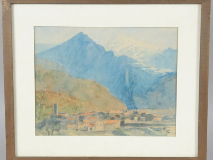 F. MIRO "Village en montagne" Aquarelle. Signée en bas à droite. 22,5 