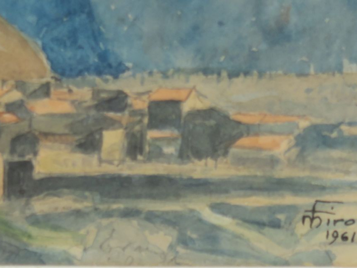 F. MIRO "Village en montagne" Aquarelle. Signée en bas à droite. 22,5 