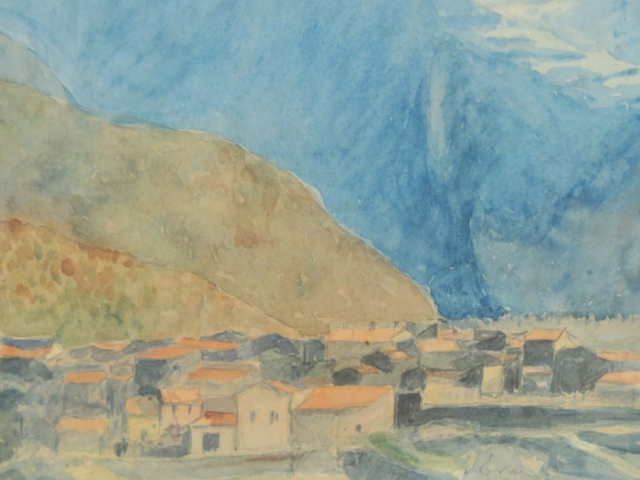 F. MIRO "Village en montagne" Aquarelle. Signée en bas à droite. 22,5 