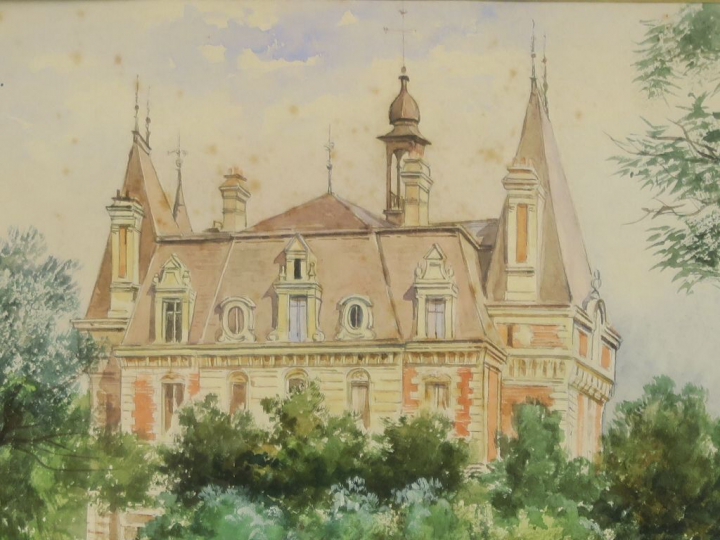 Gustave NOËL. "pièce d'eau devant le château" Aquarelle.  Signée en ba