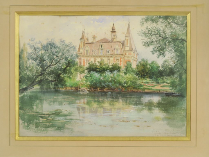 Gustave NOËL. "pièce d'eau devant le château" Aquarelle.  Signée en ba