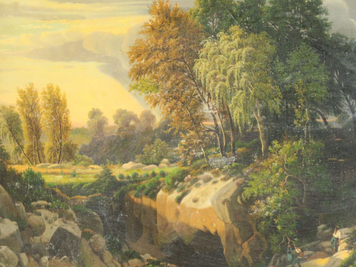 Théodore RICHARD "Paysage animé" Huile sur toile (réentoilée). Signée 