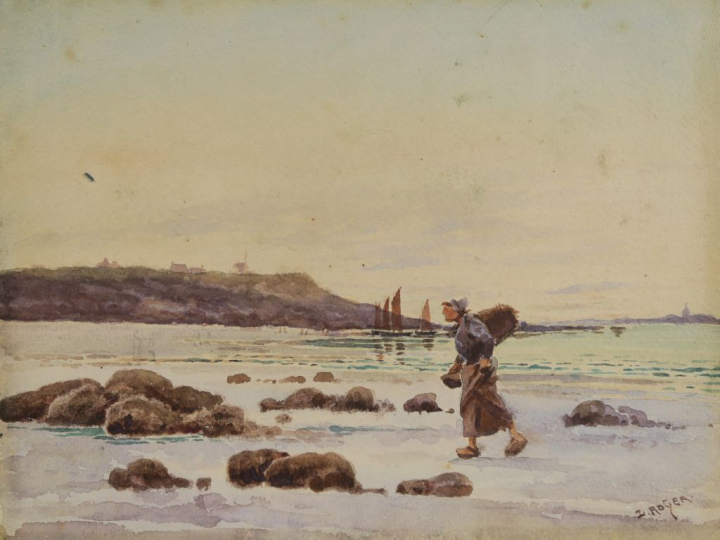 L. ROGER "La pêche aux moules" et "Marine" Paire d'aquarelles. Signées