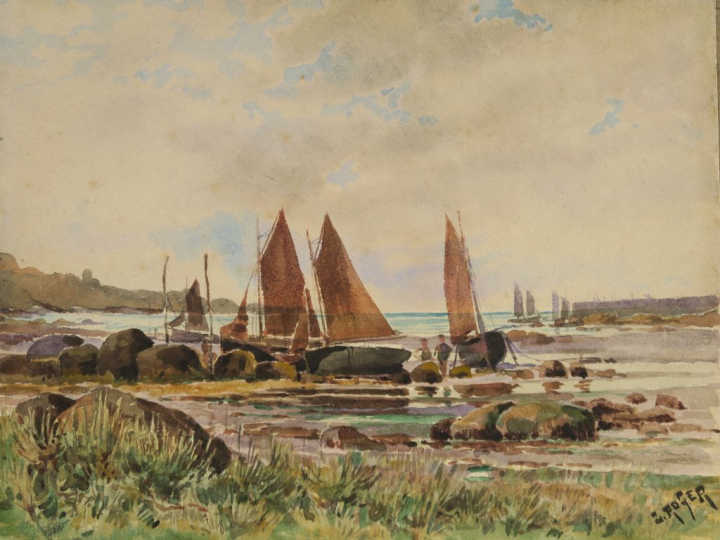 L. ROGER "La pêche aux moules" et "Marine" Paire d'aquarelles. Signées