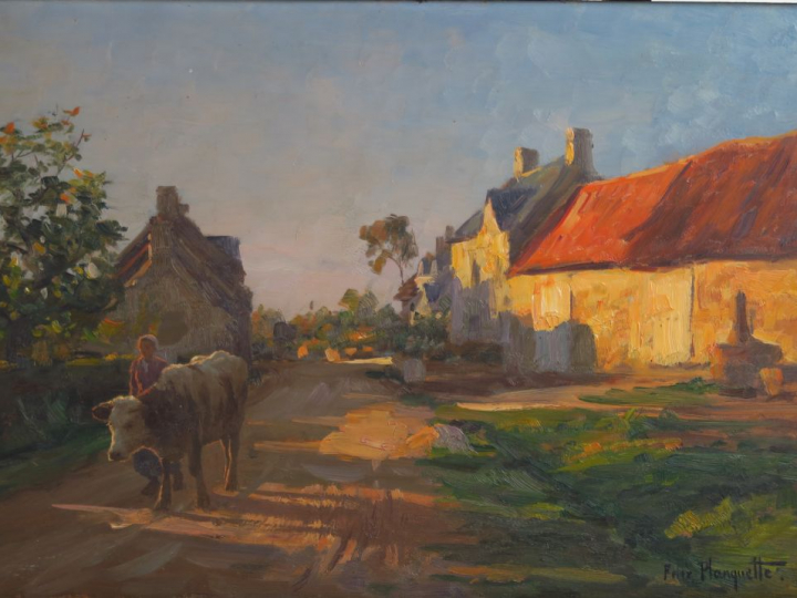 Félix PLANQUETTE  "Fermière menant sa vache au près" Huile sur panneau