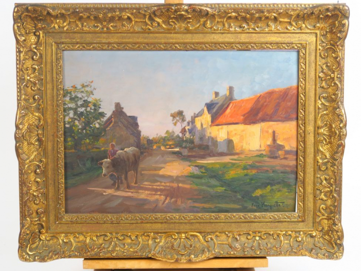 Félix PLANQUETTE  "Fermière menant sa vache au près" Huile sur panneau