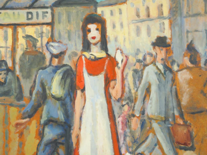 André VERDILHAN  "La vendeuse de poissons" Huile sur panneau d'isorel.