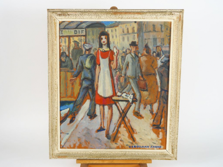 André VERDILHAN  "La vendeuse de poissons" Huile sur panneau d'isorel.