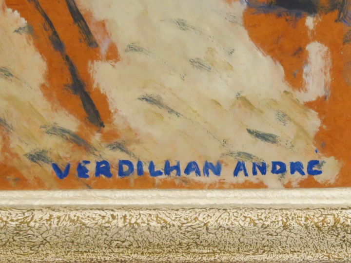 André VERDILHAN  "La vendeuse de poissons" Huile sur panneau d'isorel.