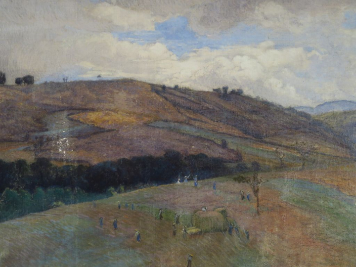 Cécile Patrice BONNET  "La fenaison" Huile sur toile.  Signée en bas à