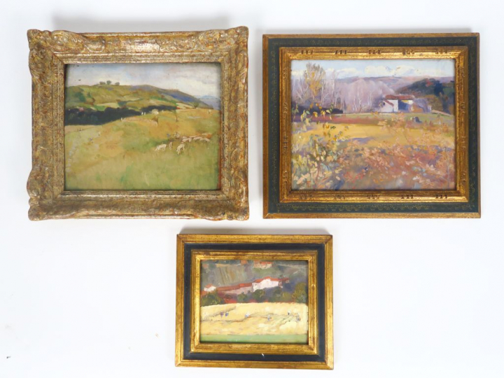 Cécile Patrice BONNET  "Paysages animés" Trois huiles sur panneau.  No