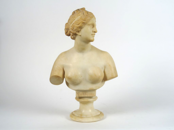 Sculpture en albâtre "Portrait en buste de V. de Médicis". H. 51 cm. (
