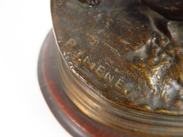 P.J. MENE. "Chasse au lapin". Groupe en bronze à patine médaille. Sign