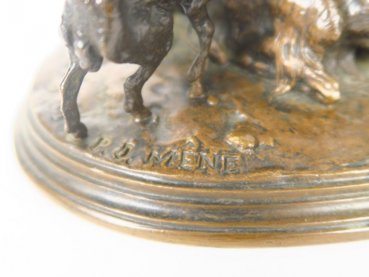 P.J. MENE. "Bouc, chèvre et chevreau". Groupe en bronze à patine brune