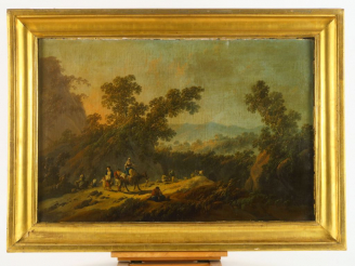 Vente aux enchères 	Jean PILLEMENT. « Paysage animé » Huile sur toile, signée en bas à ga