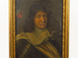 Vente aux enchères Ecole française XVIIIème "Portrait d’homme en armure aux armoiries". H