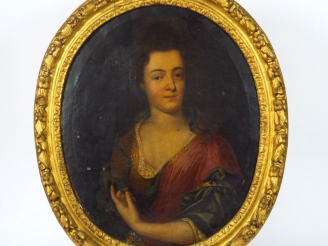 Vente aux enchères Ecole française XVIIIème "Portrait de femme à la robe rouge". Huile su