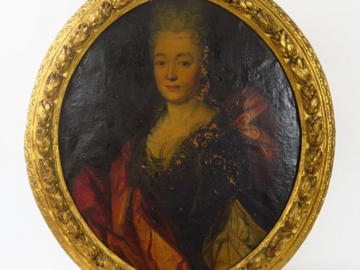 Ecole française XVIIIème "Portrait de femme au corset". Huile sur toil