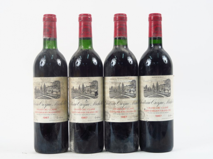 4 BOUTEILLES CHÂTEAU CROQUE MICHOTTE GCC ST EMILION - 1987 - 2 BG+/2 B