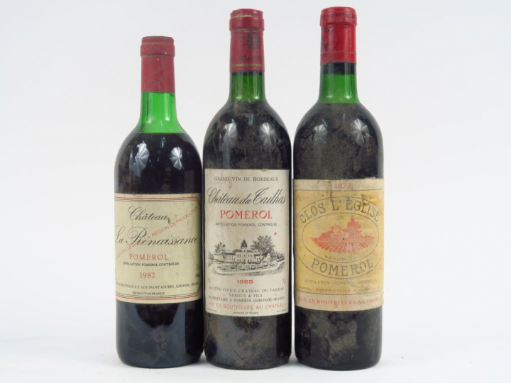 3 BOUTEILLES POMEROL : 1 CLOS DE L'EGLISE 1972 LB - 1 CHÂTEAU DU TAILH